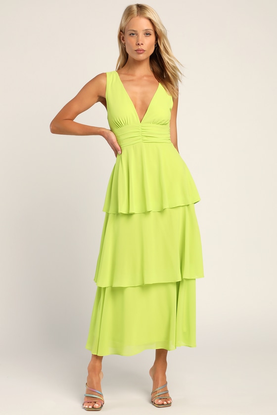 Lime Green V-Neck Dress - Tiered Midi ...